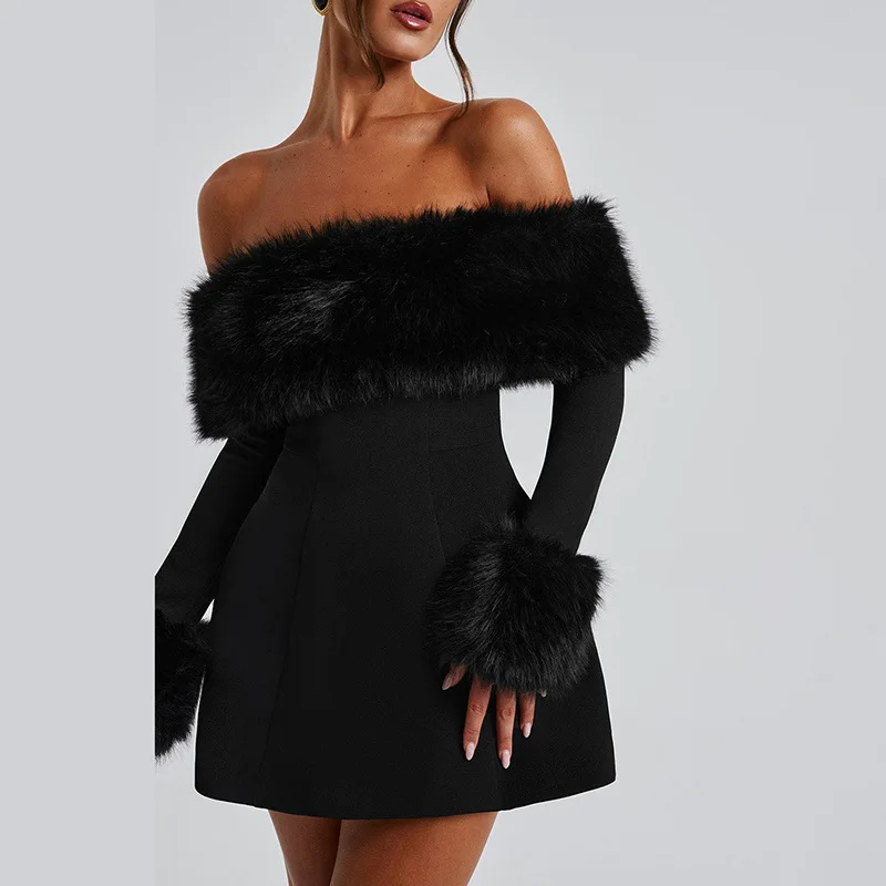 Elegant Black Fur Long Sleeve Slash Neck Evening Prom Dress Women Slim Patchwork High Waist Mini Dresses 2025 Backless Robe