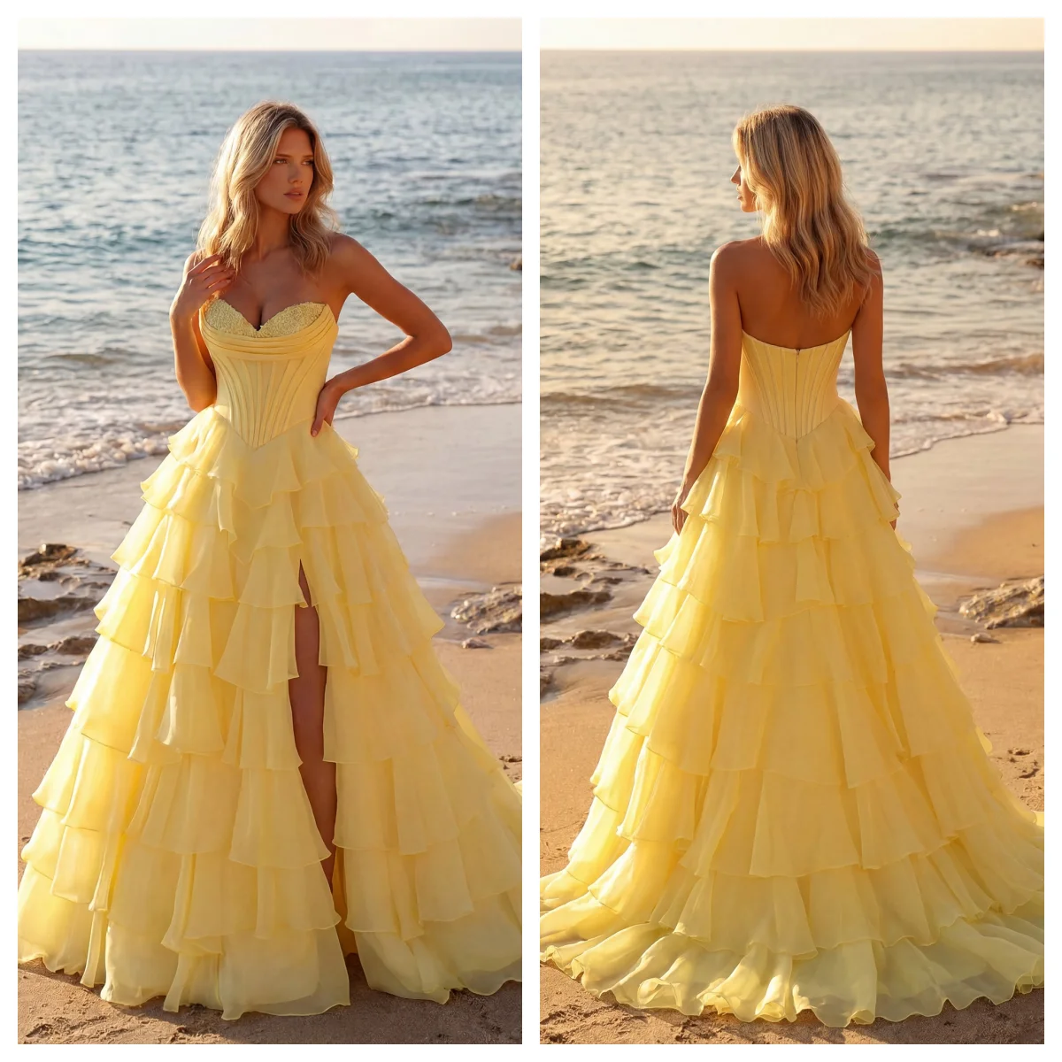 

A-Line Strapless Tiered Chiffon Prom Dress Royal Blue High Slit Formal Evening Party Gown Sweetheart Women Formal Evening Gowns