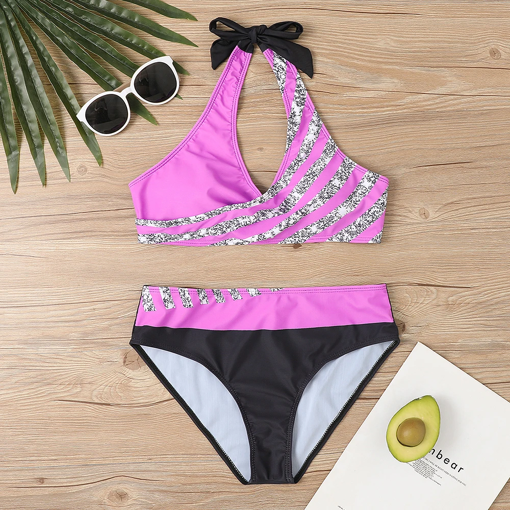 2022 women sexy stripe print two piece bikini set new female oversize swimsuit summer beach wear holiday bath suit XS-8XL