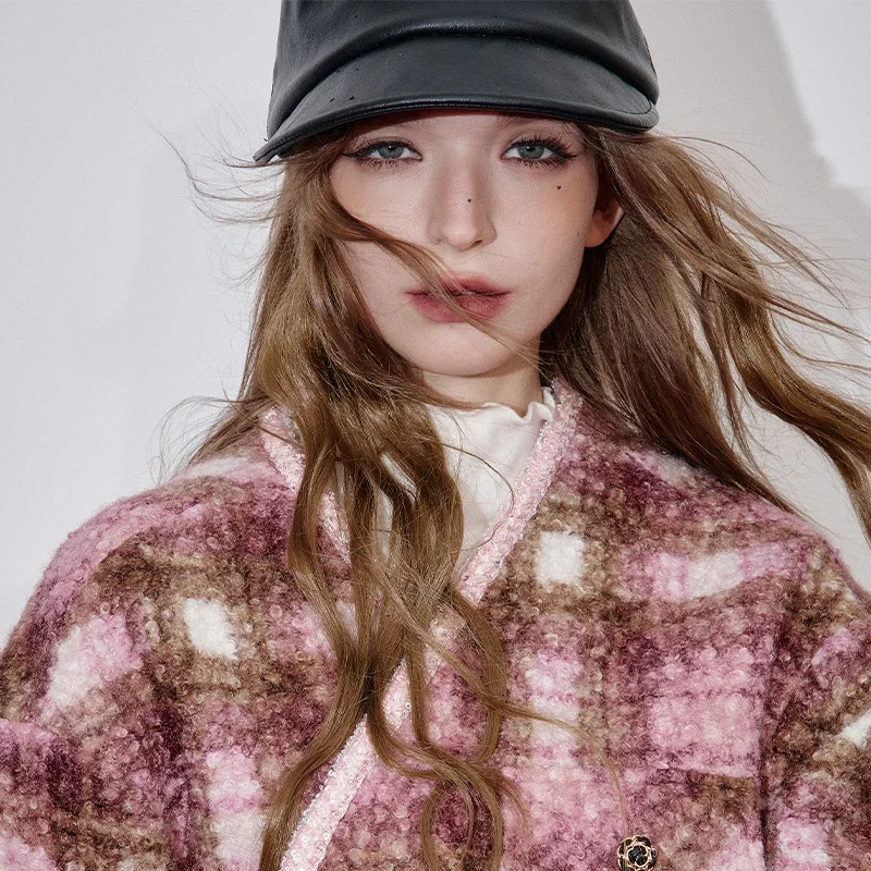 ELFSACK  Winter Fuzzy Patchwork Plaid-patterned Loose-fit Coat For Woman