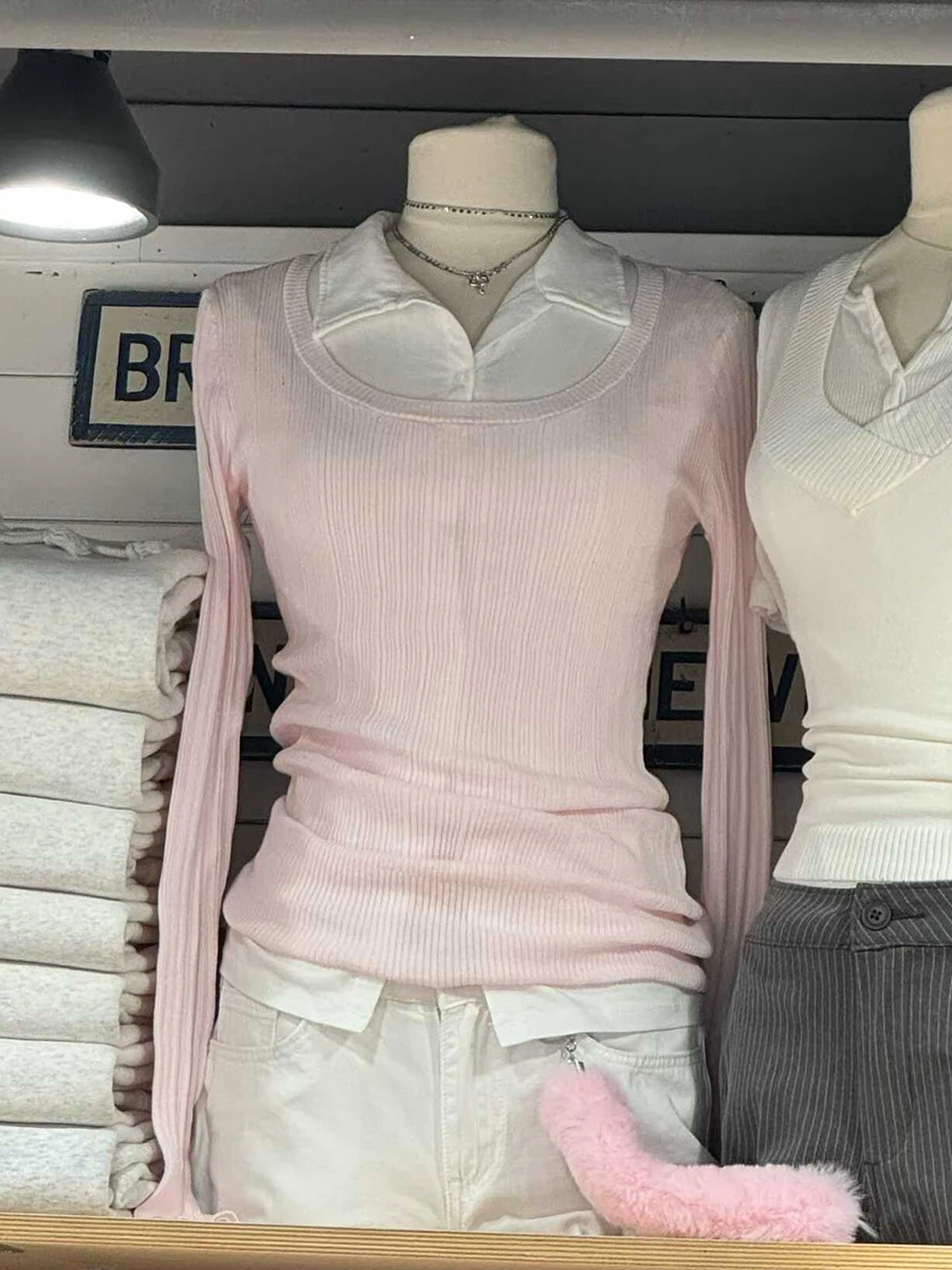 حفرة مخطط محبوك الوردي سليم طويل تي شيرت المرأة الجديدة مضلع U طوق كم طويل البلوز ملابس الشارع الشهير بسيط الحلو تيز القمم