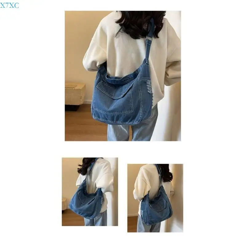 

X7XC Women Korea Styles Shoulder Bag Student School Bag Denims Crossbody Bag Large Capacity Messengers Bag