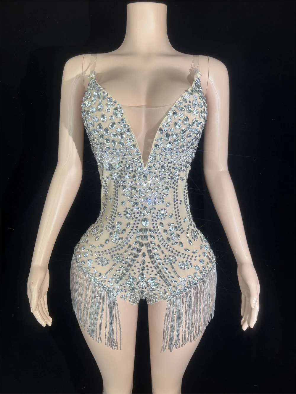 ชุดปาร์ตี้โชว์เกิร์ลสุดหรู ชุดคอสตูมโชว์เกิร์ลสุดหรู ชุดปาร์ตี้ประดับคริสตัลวิบวับ บอดี้สูทรัดรูปประดับโซ่สำหรับผู้หญิง เซ็กซี่โชว์หลัง