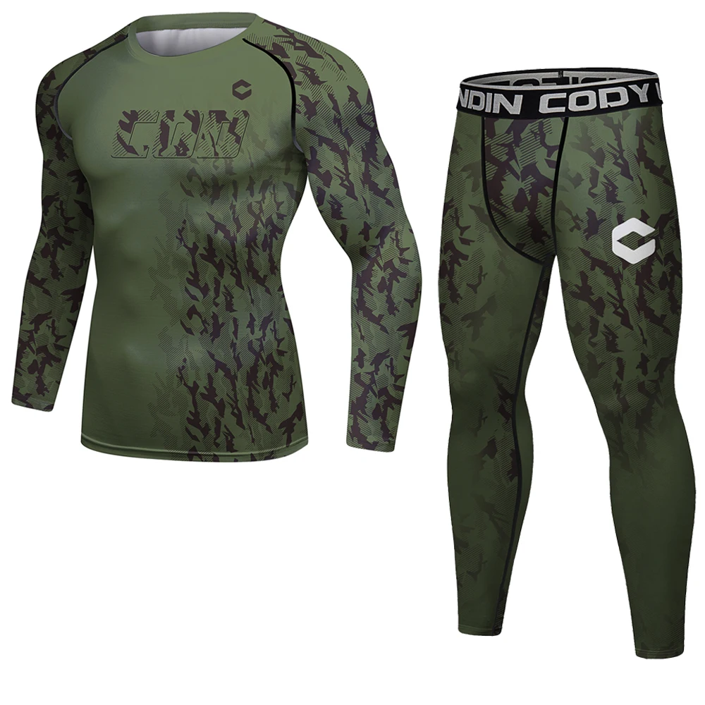 Fitness Camo Sports Set Men Compression Shirt 2Pcs/Sets Sportswear MMA Rashguard Mens Joggers Leggings Gyms Bodybuilding Tights