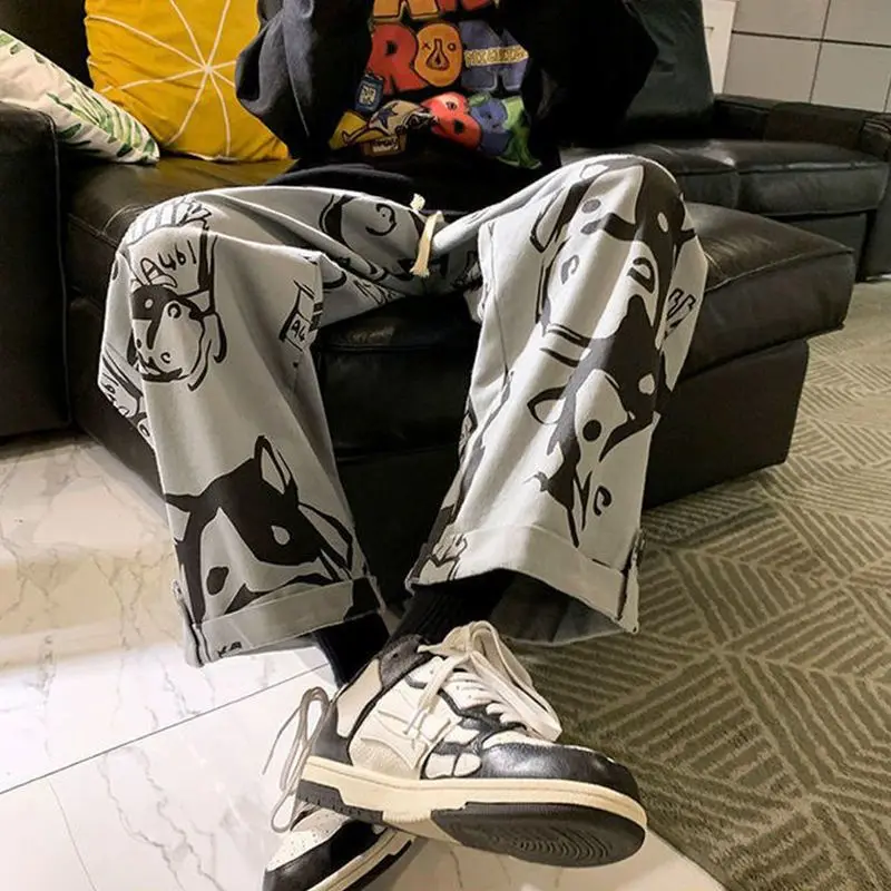 Animal Print Baggy Pants Men Streetwear Wide Leg Oversize Sweatpants Y2k Casual Sport Straight Trousers 2024 Harajuku Fashion