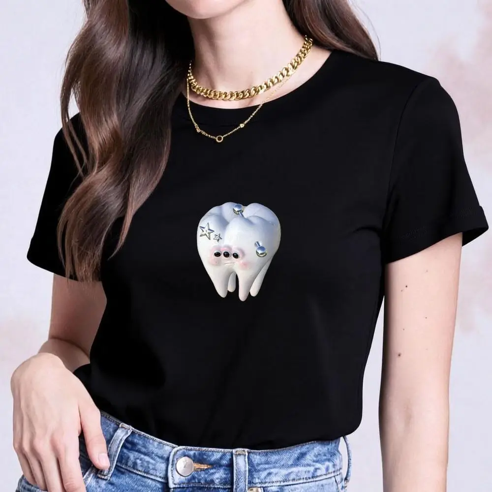 Kawaii Cartoon Tooth Graphic T-Shirt Women Summer Short Sleeve Star Print Vintage Tops Female Casual Fashion Harajuk Y2k Wear