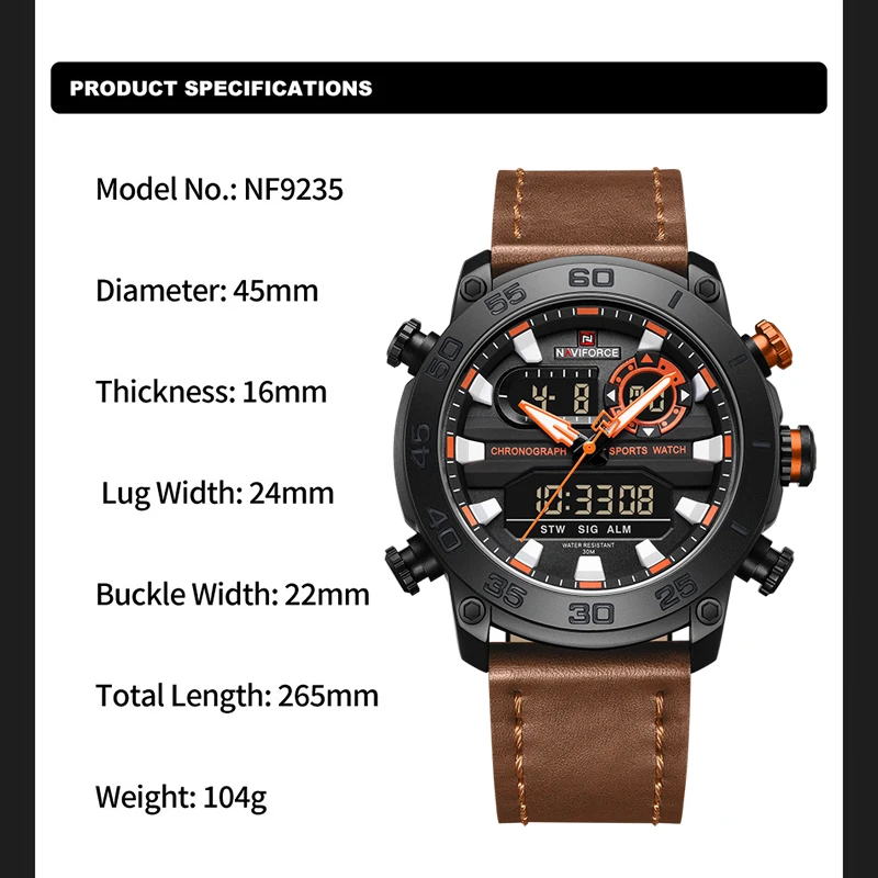 NAVIFORCE Man Watch Military Sports Analog  Fashion Leather Quartz Wristwatches Day and Date Display Waterproof Clock Male Gift