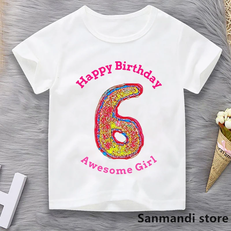 

New Happy Birthday Awesome Girl/Boy Letter Print T-Shirt Children'S Clothing Funny Donuts Tshirt Femme Summer Tops T Shirt Girls