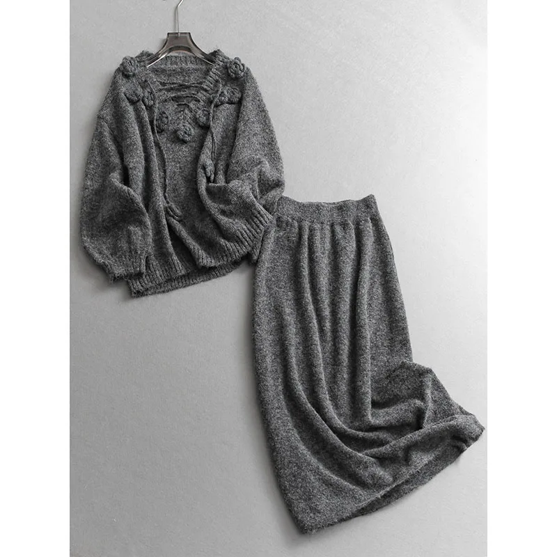 Three-dimensional flower cross strap V-neck set loose sweater elastic waist knitted skirt a complete set of women