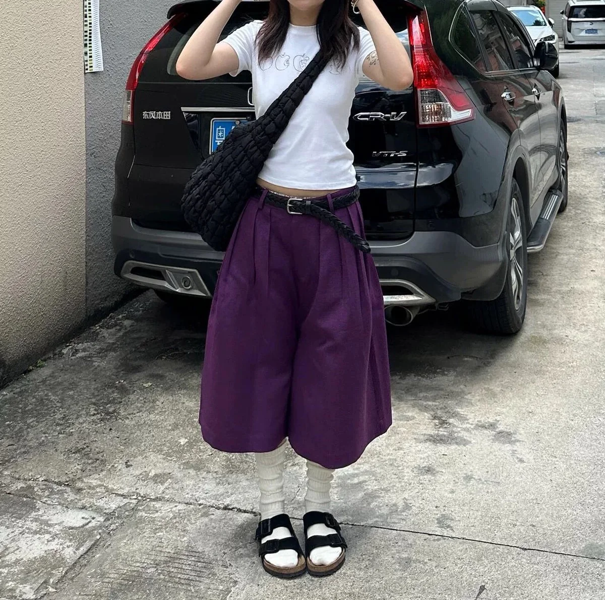 

Women Korean Fashion Style Baggy Purple Capri Pants Wear to Office Work Wide Cropped Trousers Old Money fo Autumn Spring Clothes