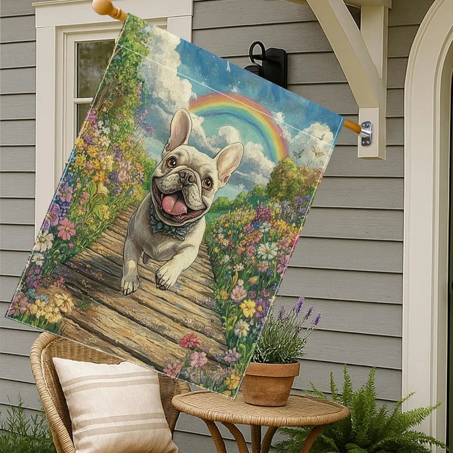 Spring French Bulldog Dog House Flag 28''x40'' Double Sided for Outside Decorative, Country Garden Puppy Fro AAS