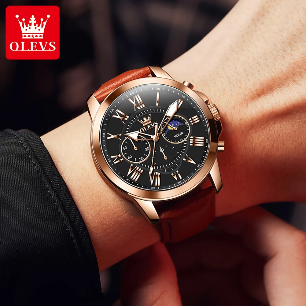 OLEVS 3632 Moonphase Men Watch Fashion Waterproof Luminous Timing Quartz Watch Casual Leather Strap Men'Top Luxury Brand Watch