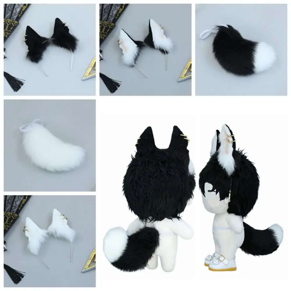 

Headwear 20cm Plush Doll Headwear Ear Cat Wolf Ears Black White Idol Doll Headwear Cat Ear Soft Tails Headwear for Cotton Doll