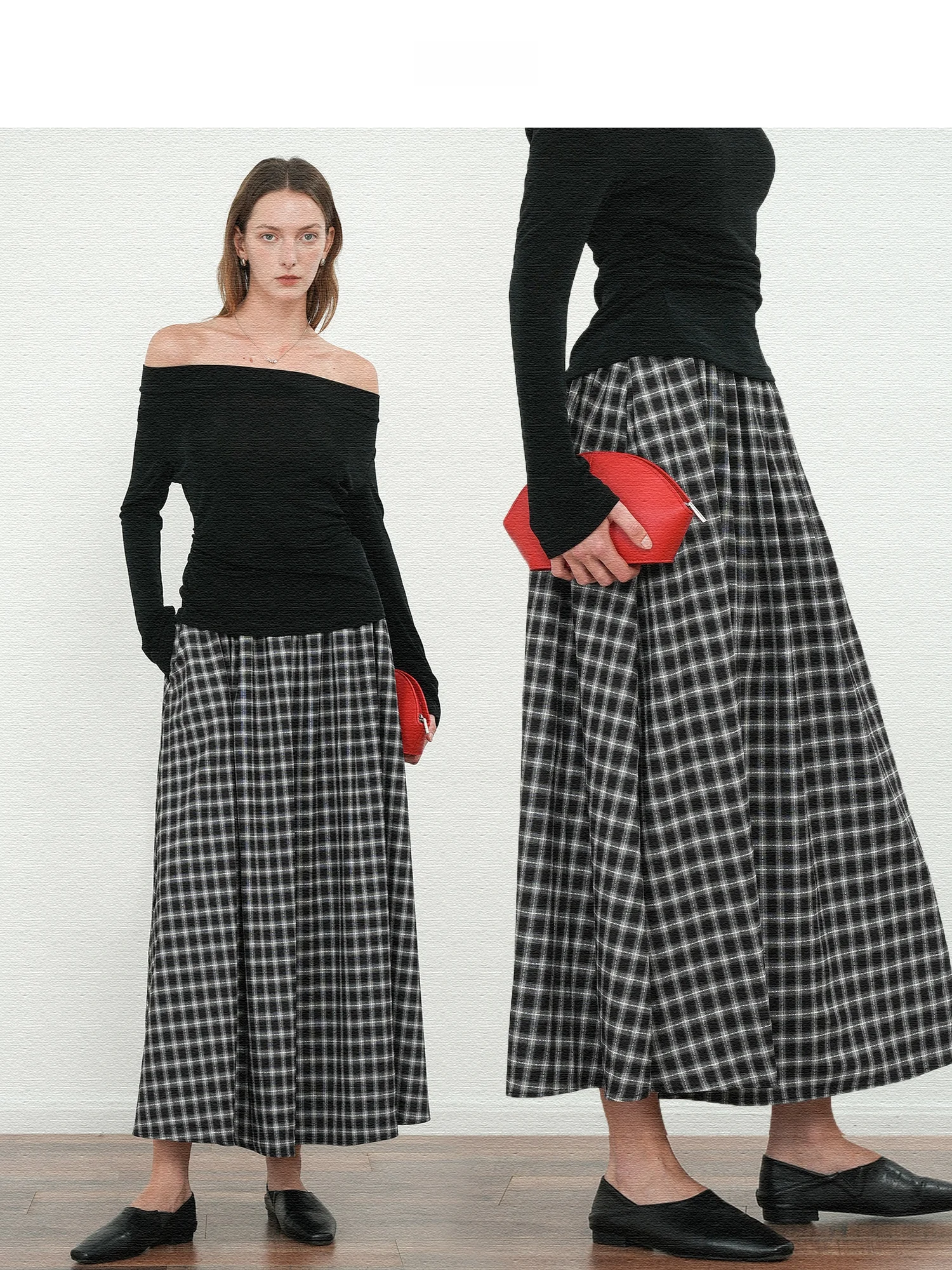 

Ele Large Flounce Plaid Skirt Body Concealing Casual Women's mid Waist Polyester Fiber A-Line Skirt JWSZ Brand