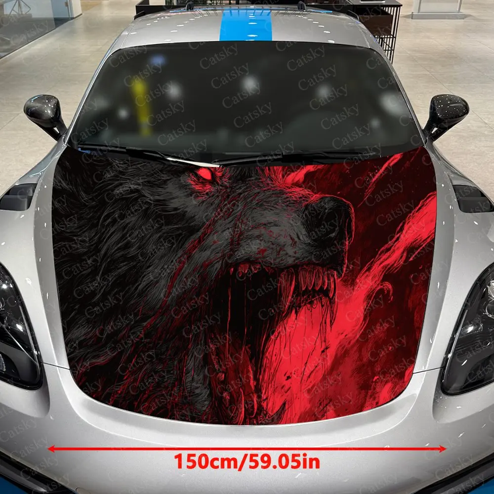 Striking Red Eyed Wolf Car Cover Decal, Auto Hood Sticker, Waterproof and Self-adhesive Auto Vinyl Wraps, Cool Car Exterior Deco