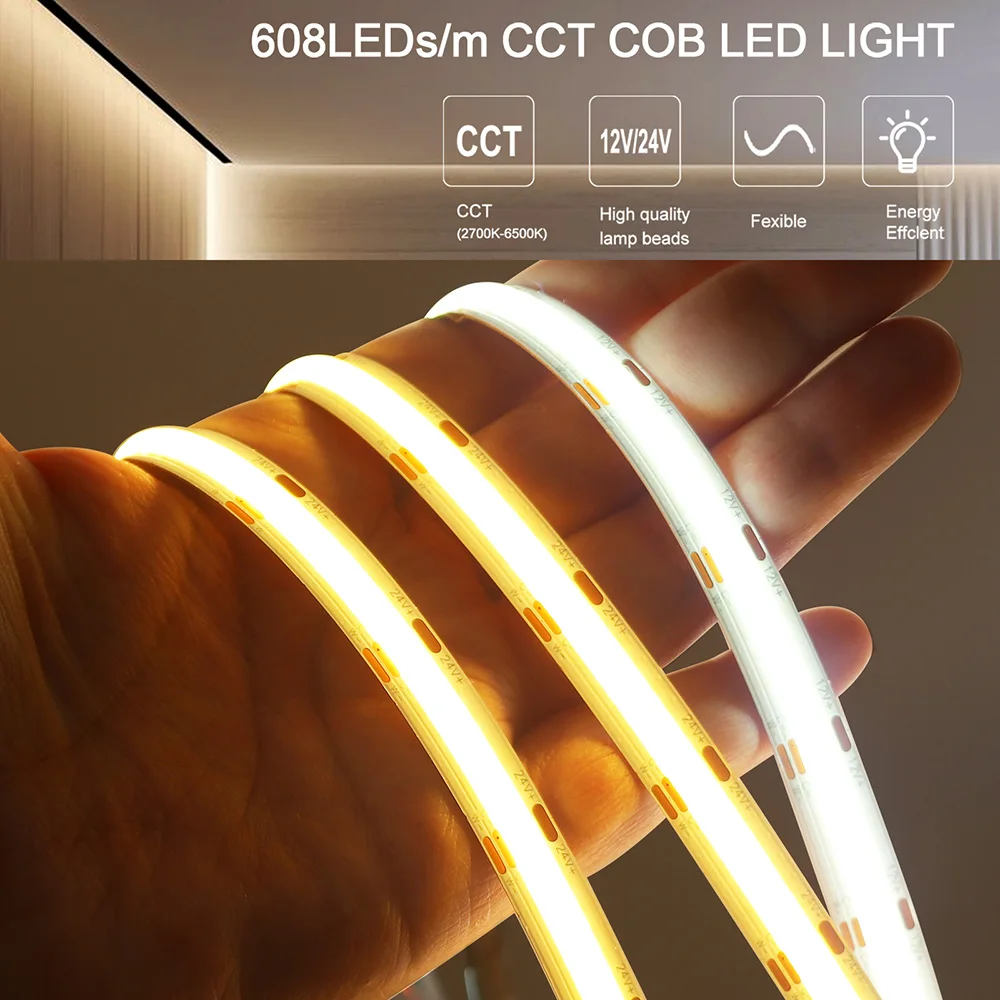 Imagem -03 - Cct Cob Led Strip Lights de Alta Densidade Fita Flexível Regulável Iluminação Mutável 608 Leds por m 2700k a 6500k dc 12v 24v