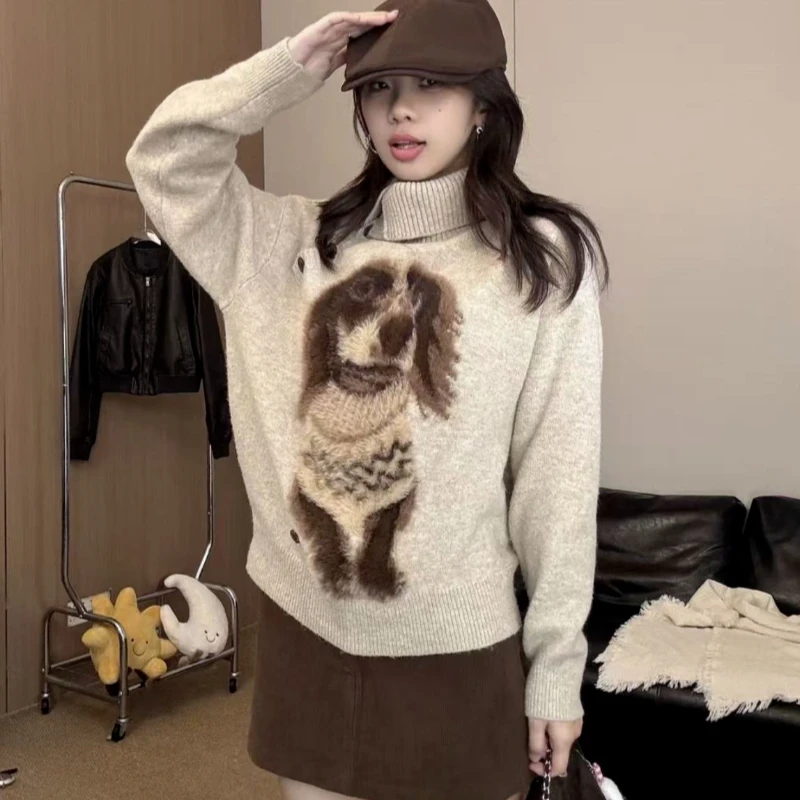 الخريف والشتاء أزياء المرأة الجديدة الأنيقة محبوك هوديي الجاكار الرجعية الراقية فضفاضة عالية الرقبة سترة بأكمام طويلة #6