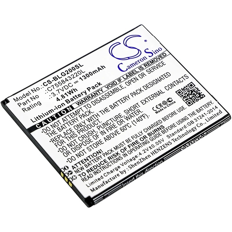 CS 1300mAh / 4.81Wh battery for BLU S010Q, S0250UU, Studio G HD LTE, Studio G2 Plus C755843220L