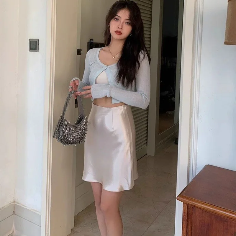 Women High Waist Skirt Lady Triacetate Satin Skirt  High Waist Hip Wrap Mermaid A-Line Skirt Ladies Summer Daily Wear Skirt