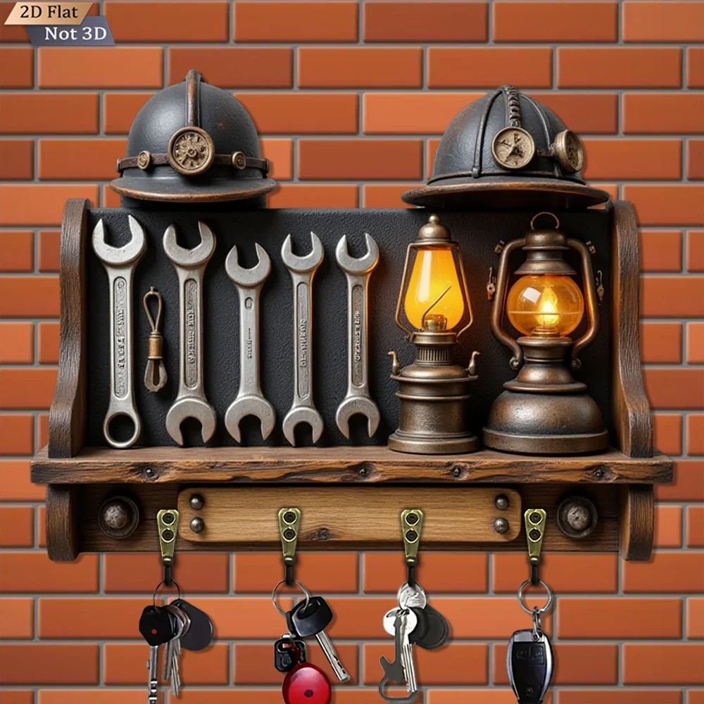 2D Flat, 1pc, Retro Industrial Style Key Hook, Wooden Multifunctional Home Key Hook, with Four Metal Hooks, Wall Decoration,