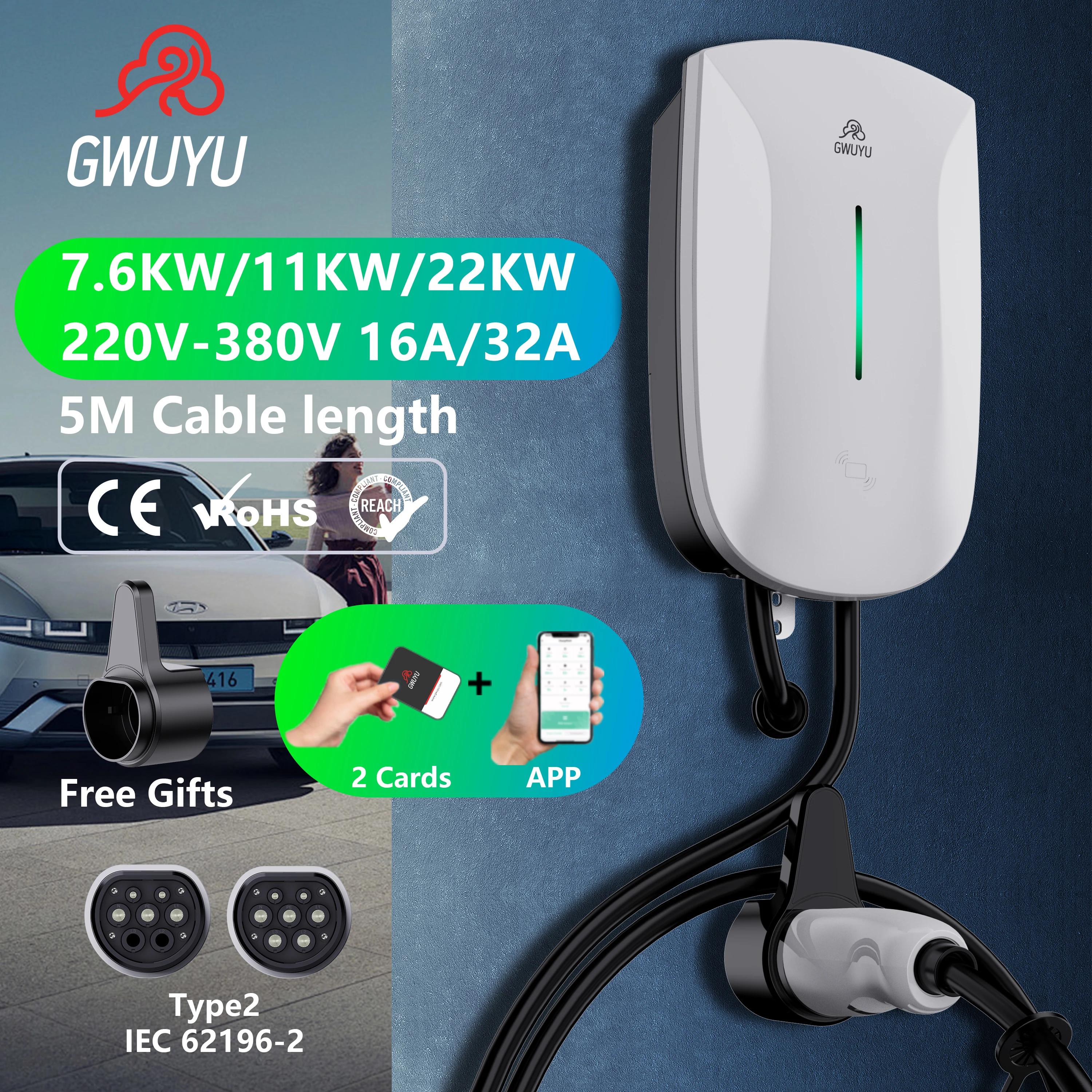 EV Charging Station GWUYU JZ30 Type 2 Swipe Charging 7.6KW 11KW 22KW 16A 32A 220V 380V Wallbox Electric Vehicle Car Charger APP