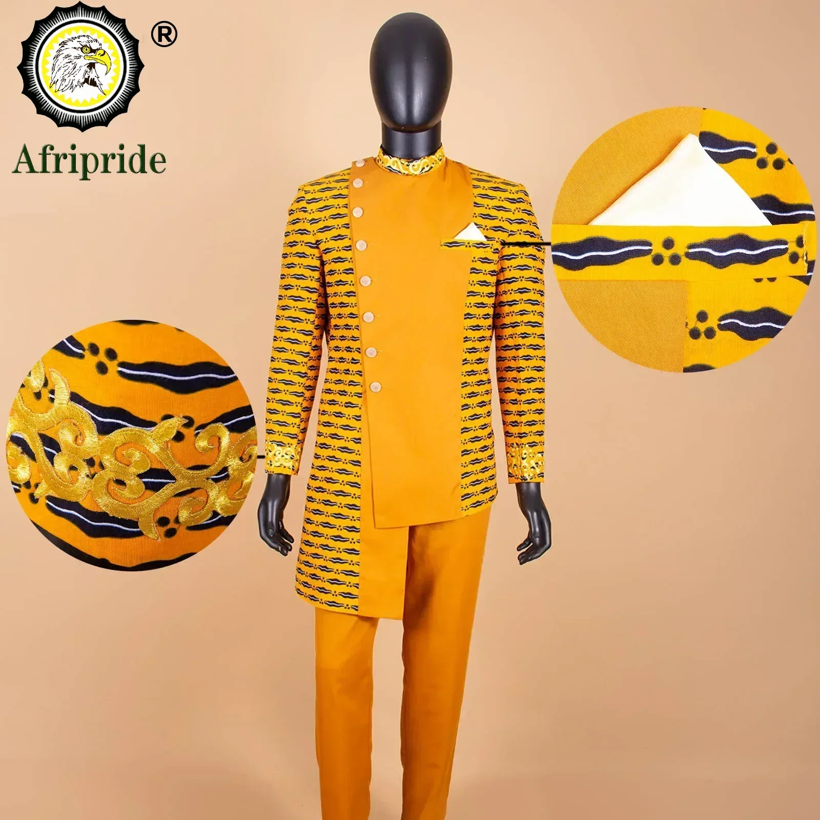 African Suits for Men Single Breasted Embroidery Print Blazer and Pants Set Dashiki Outfits Party Wedding Clothes A2316021
