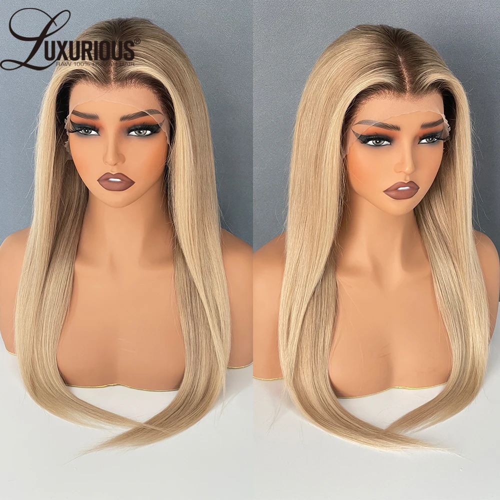 Perruque frontale en dentelle de couleur blond platine avec racines foncées perruques de cheveux humains brésiliens pour les femmes perruque blonde cendrée avec noeuds blanchis