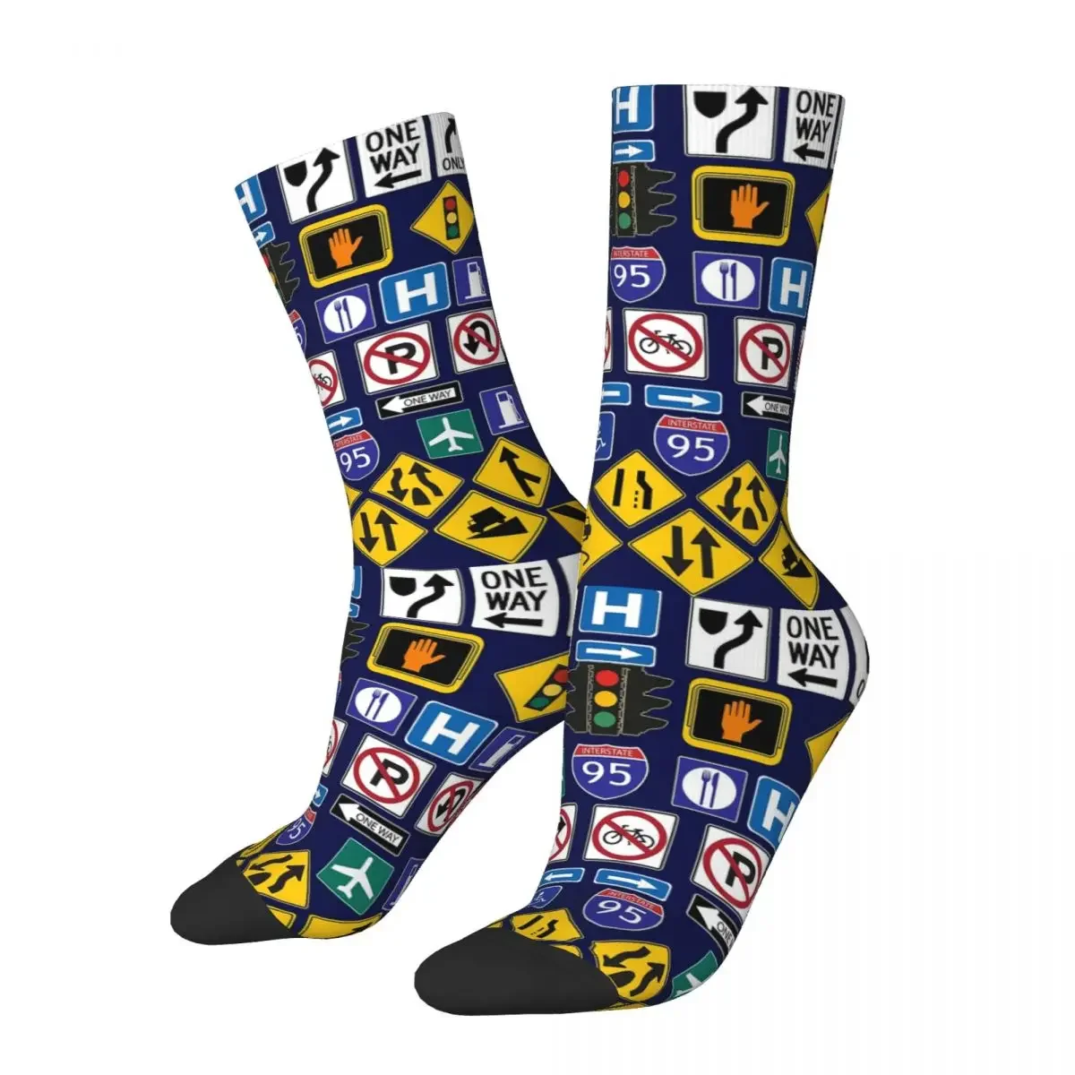 Road Signs, Regulations Signs Socks Harajuku Sweat Absorbing Stockings All Season Long Socks for Unisex Birthday Present