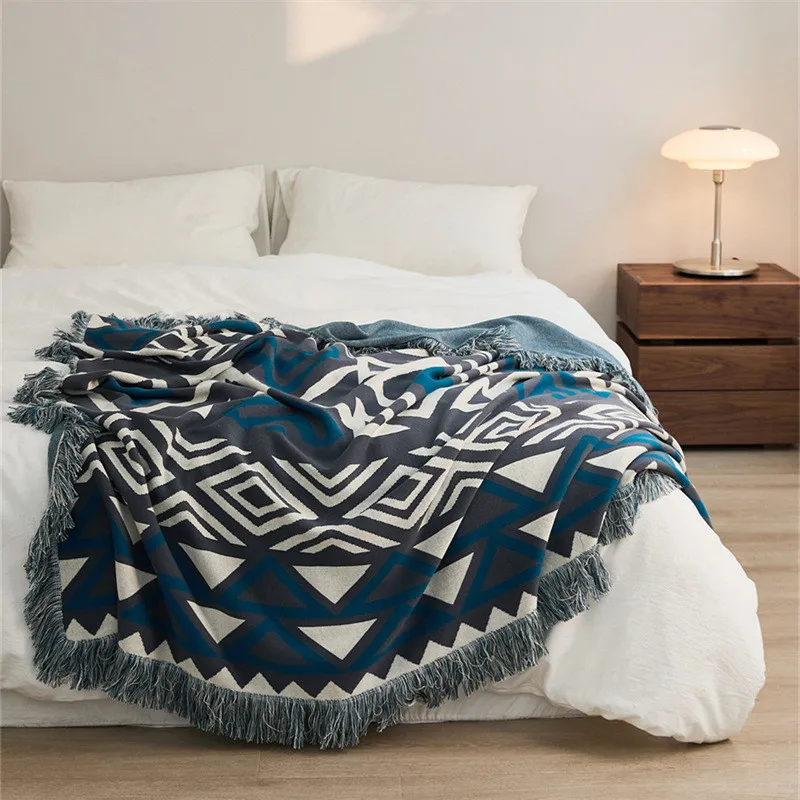 

Blankets Thread Blanket for Sofa Bed Home Decoration Boho Style Geometric Pattern Tassel Knit Throwing Blanket 130x160cm