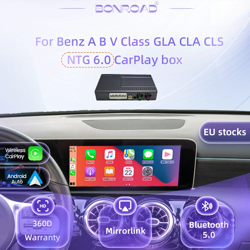 Modulo adattatore wireless CarPlay e Android Auto BONROAD, decoder MMI per Mercedes Benz Classe A, B, E, CLS, CLA, GLA, GLB, GLE, NTG 6.0 2018-2022, con funzioni Mirrorlink, Airplay, Autolink e