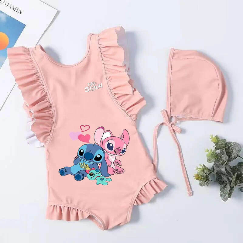 Maiô sem mangas Lilo e Stitch infantil, maiô de verão, terno de praia, Kids Wear, 1 pc biquíni, vestidos de banho