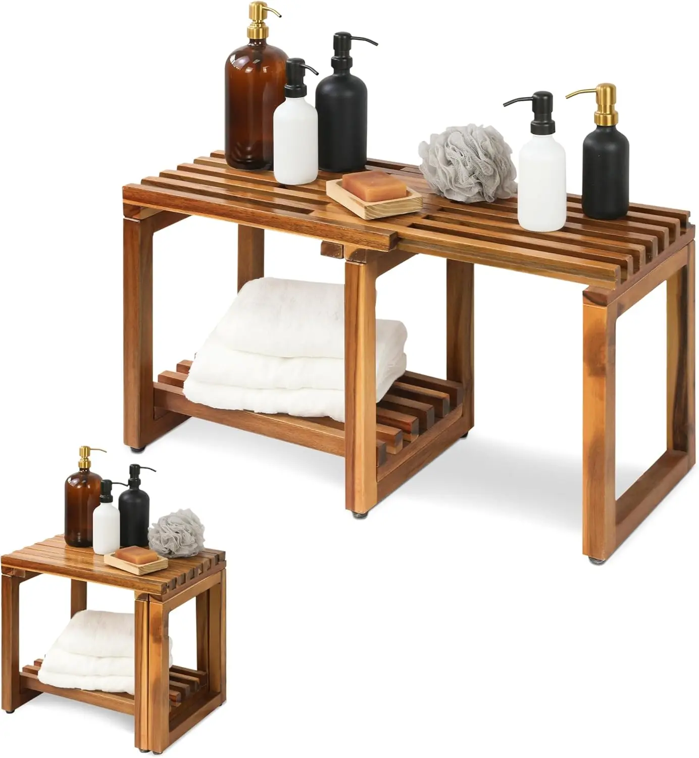 

Adjustable Length 29" Shower Stool with Shelf, Waterproof Acacia Wood Bench for Bathroom, Spa, Seniors