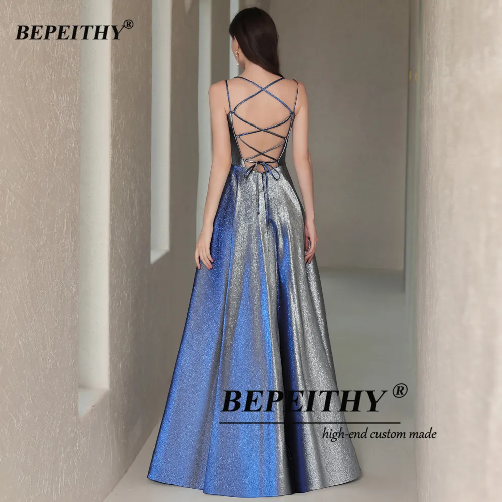 BEPEITHY Customized Glitter Prom Dress 2023 A Line Sexy Backless Sparkle Evening Dresses Floor Length Party Cocktail Dresses