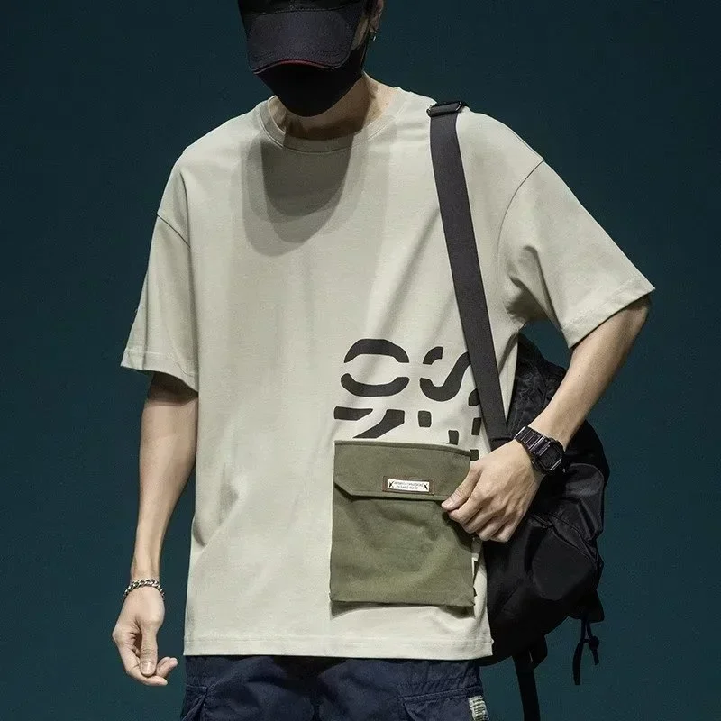 Summer Men's Short Sleeve Letter Printed T-shirt With Cargo Pocket Casual Cotton O-Neck Tops Y2K Streetwear Oversized Tee Shirts image 6
