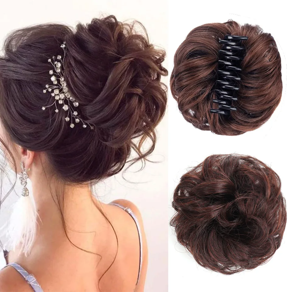 Xnaira Messy Hair Bun Synthetic Claw Clip in Chignon for Women Hair Scrunchies Extension Curly Wavy Messy Updo Hairpiece