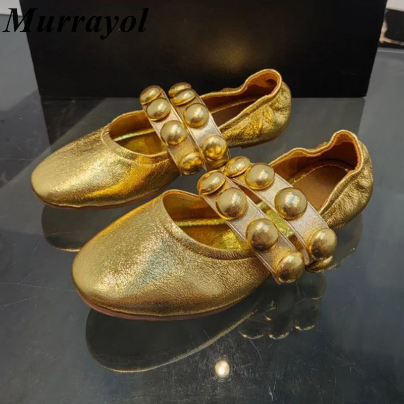 Round Toe Genuine Leather Ballet Shoes Women Circular Rivet Decor Flat Bottom Mary Jane Shoes Summer Vacation Single Shoes