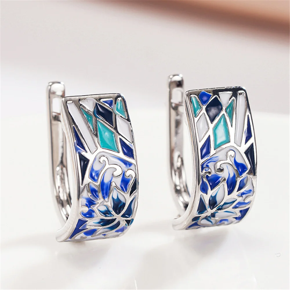 Luxury Female White Blue Enamel Hoop Earrings Vintage Fashion Silver Color Wedding Jewelry For Women