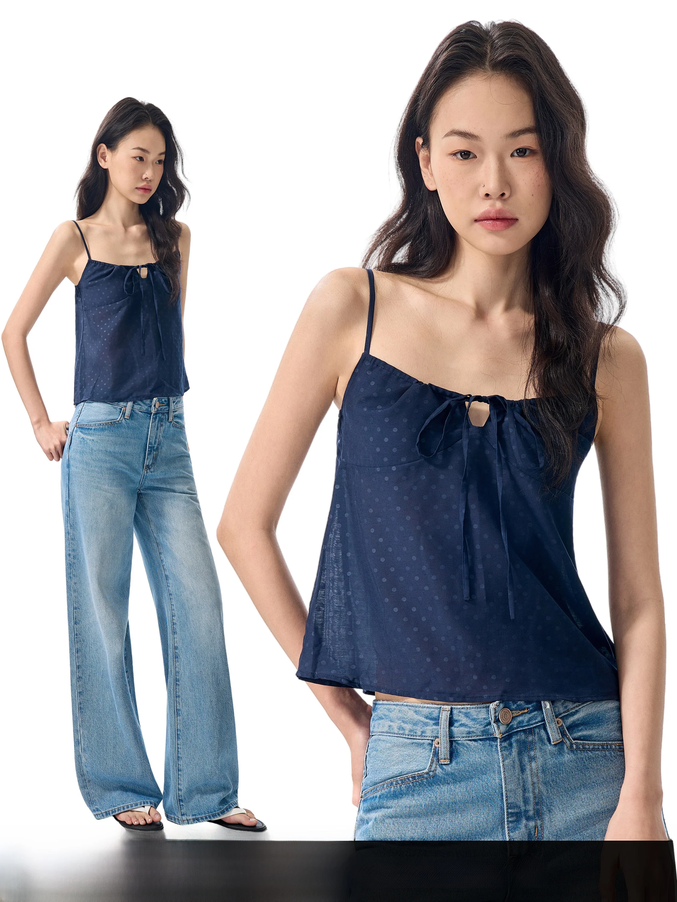 Blue Square Collar GOGO BURN Women's Slim Fit Shoulder Baring Strap Vest Summer New Style Knot Design Casual Short Top