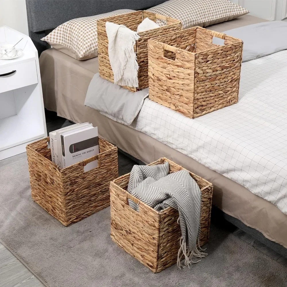 Foldable Handwoven Water Hyacinth Storage Baskets Wicker Cube  Rectangular Laundry Organizer Totes,Set of 4 Pcs