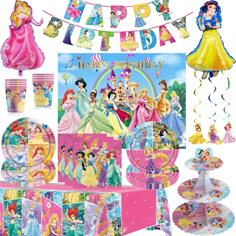 Disney Princess Party Balloons Princess Snow White Belle Paper Napkin Plate Cup for Kid Baby Shower Supplies Birthday Decoration