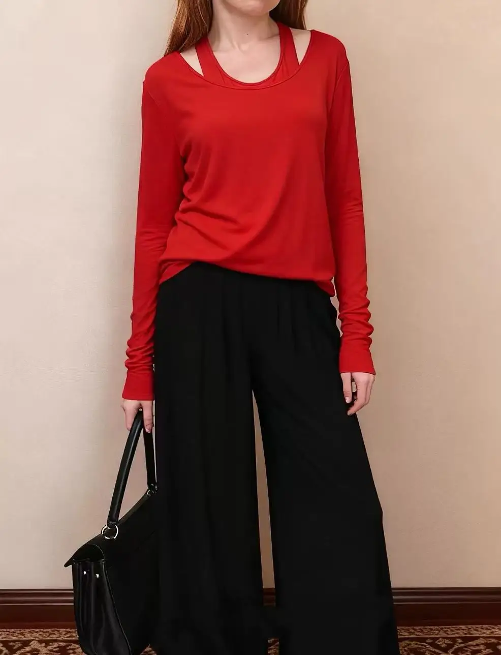 

Autumn and winter knitted necked vest, long-sleeved two-piece top, minimalist layering for women, comfortable base layer