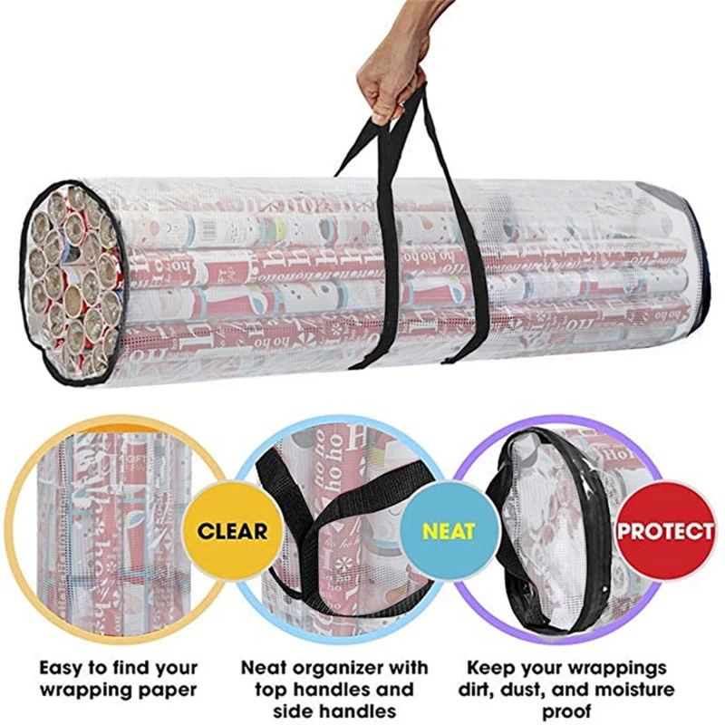 Bolsa de almacenamiento de papel de envolver navideño, organizador de envoltura de regalo de Navidad, bolsa de Pvc transparente impermeable, fácil de llevar, 2024