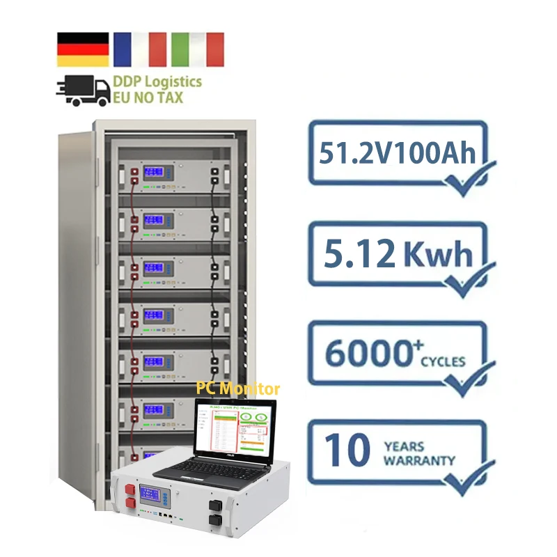 

51.2V 5Kw 6000+ Cycle 16S 100A BMS 5.12Kwh Lithium Ion Battery 48V 100Ah LiFePO4 Storage Battery For Solar System
