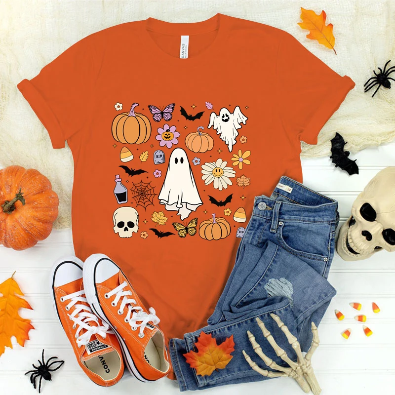 (Premium T-shirt)Halloween Ghost Boo Pumpkin Printing T Shirt Women T-Shirt Harajuku T-Shirt Fashion Summer Tops