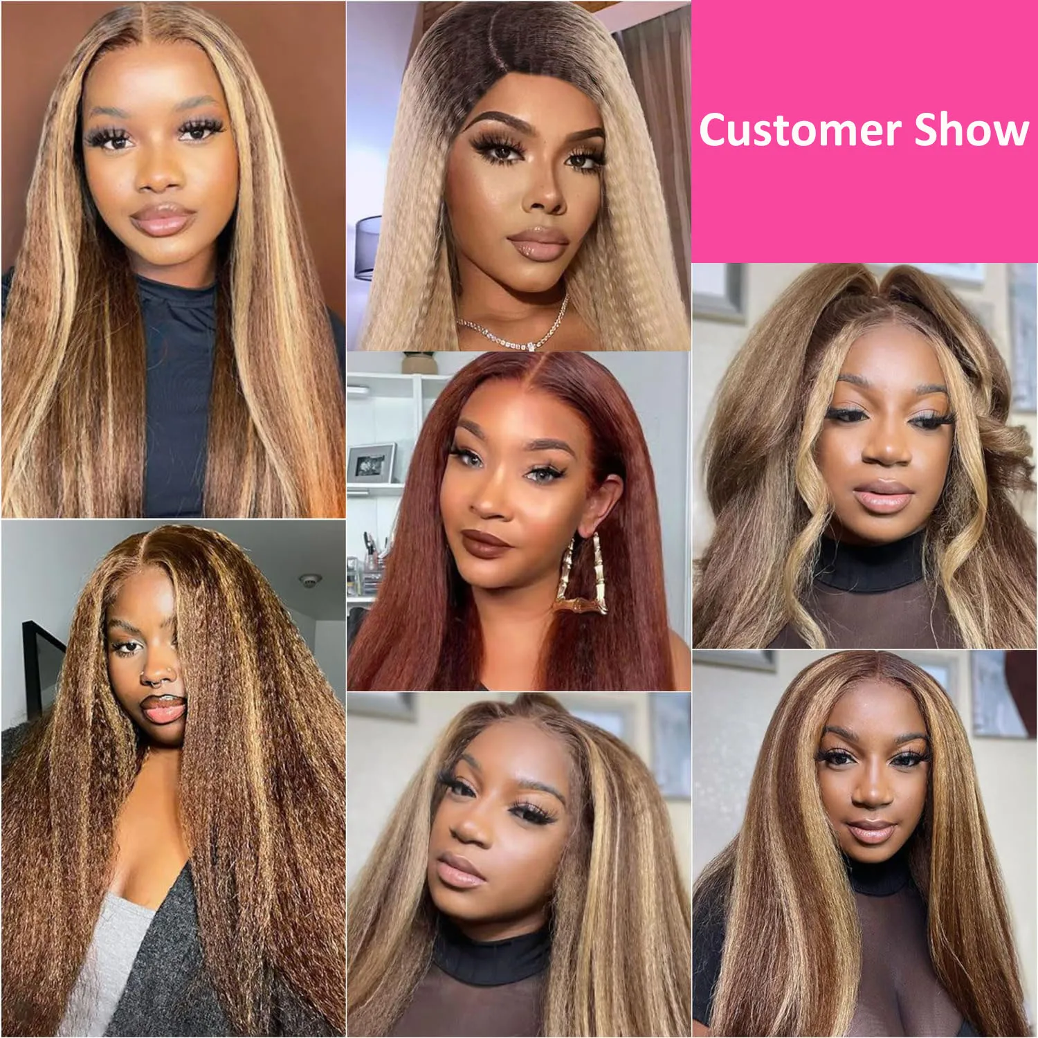 4/27 Highlight Kinky Straight 13x6 Lace Frontal Human Hair Wigs 200% Brown Blonde Piano Color 13x4 Front Wig PrePlucked Yaki Wig image 5