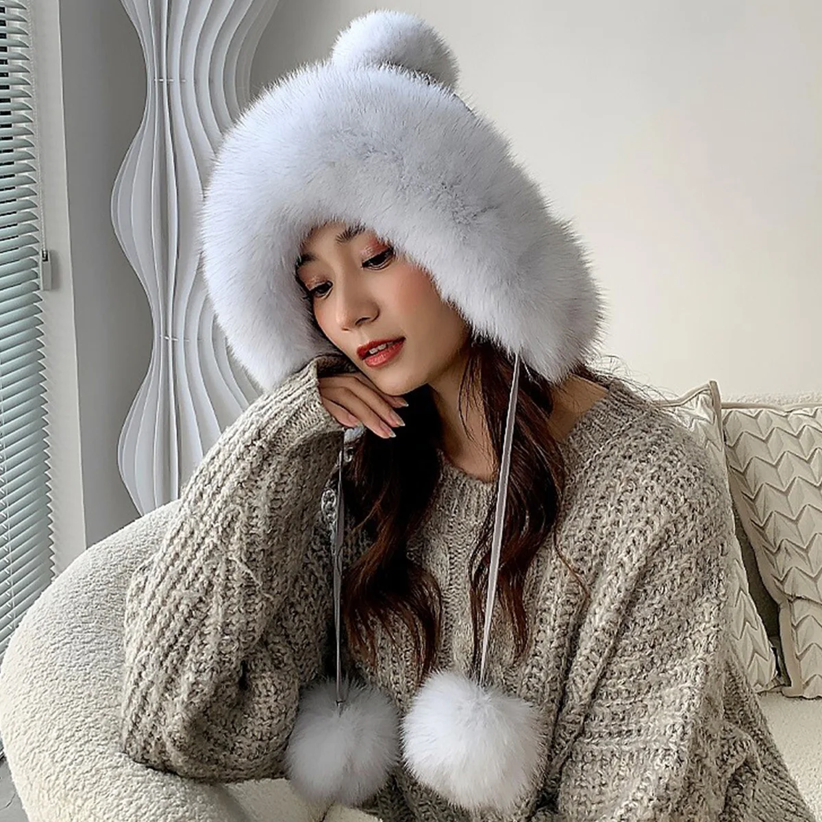 New Genuine Rabbit Fur Earflap Hat Russia Winter Accessories Warm Real Fox Fur Ball Bomber Hats FEIMANYUAN