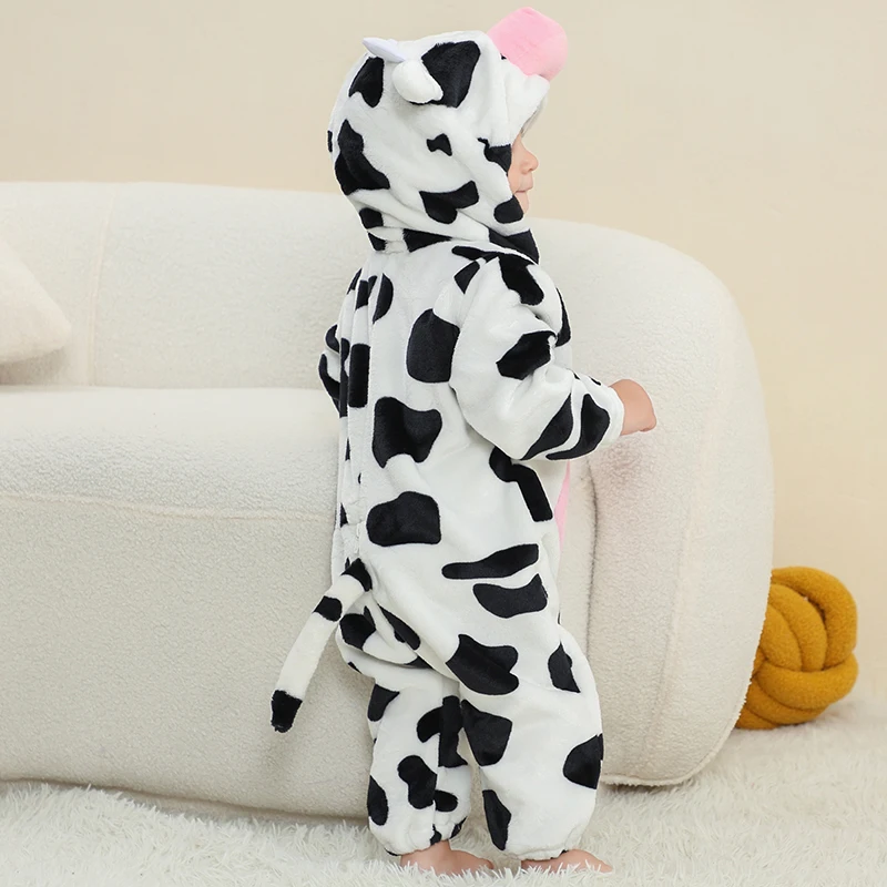 MICHLEY Halloween Cute Cow Flannel Baby Rompers Winter Clothes Costume Hooded Bodysuits Pajamas Animals Jumpsuit For Girls Boy