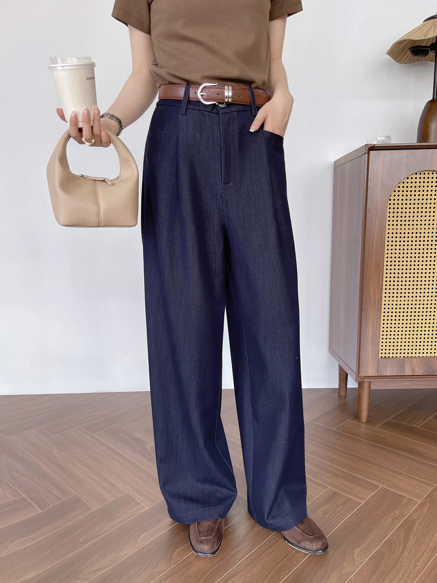 

High Waist Loose Straight Leg Blue Casual Suit Wide Leg Pants Women's Faion Commute Sle High Elastici Comfortable Fit