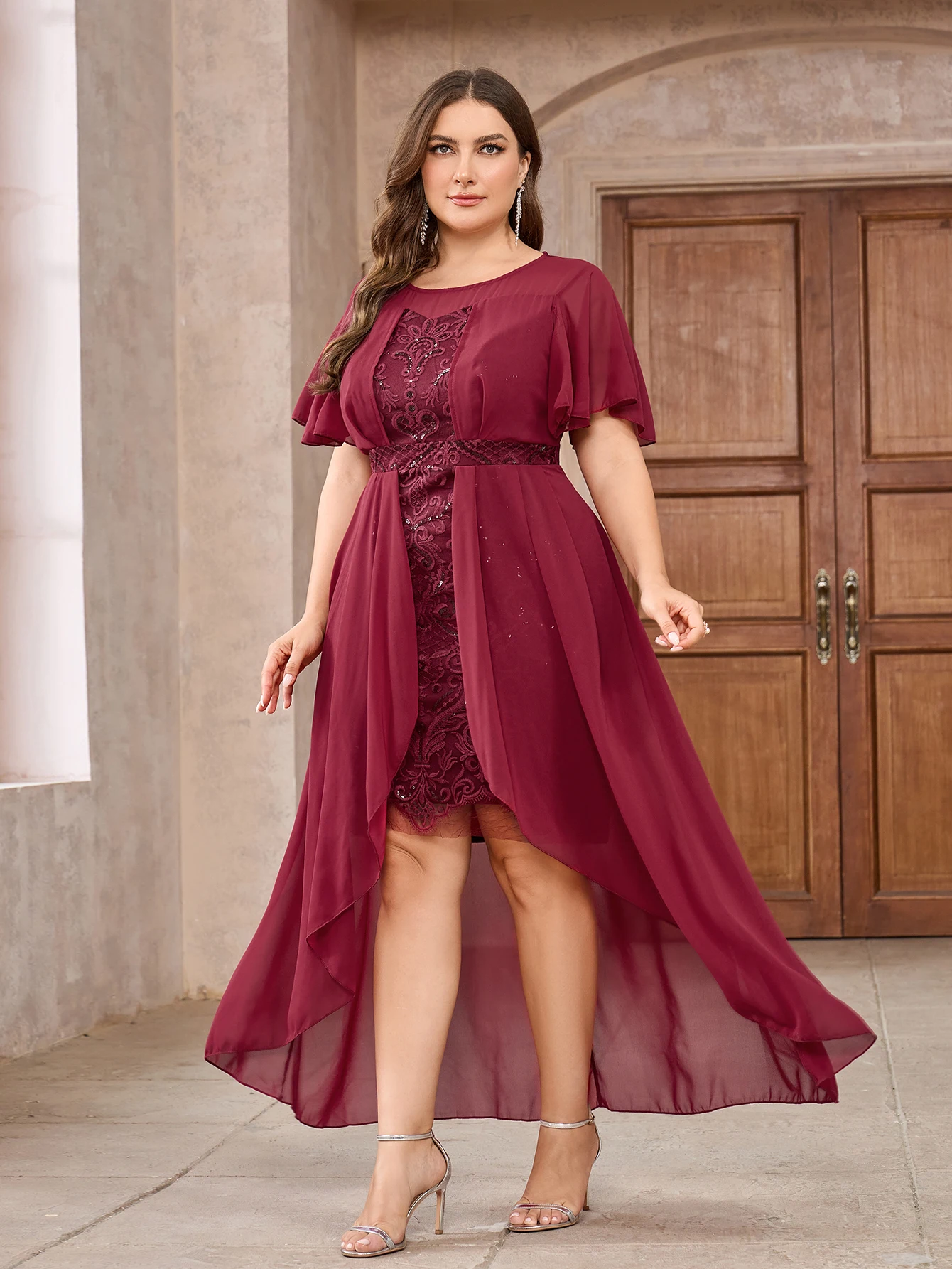 Sukienka damska Plus Size siateczkowe kwiatowe patchworkowe z okrągłym dekoltem z krótkim rękawem eleganckie sukienki na co dzień jednokolorowe