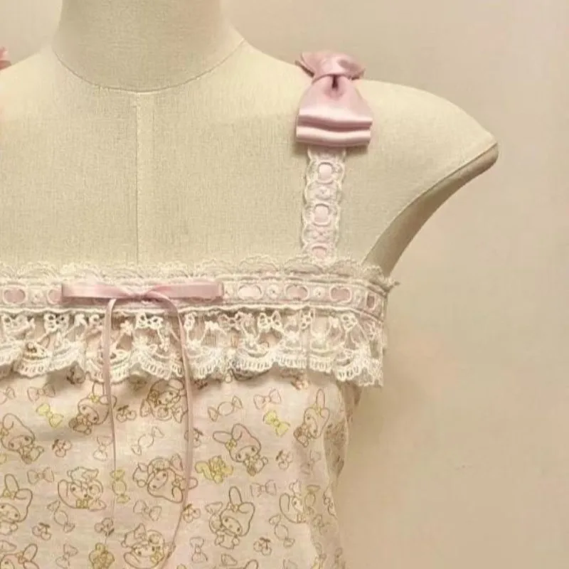 الفرنسية خمر هوتي الرسن سترة ثقافة فرعية الدانتيل خياطة الدبابات الأعلى Kawaii القوس تصميم القمم المرأة لطيف الكرتون طباعة بروتيل #3